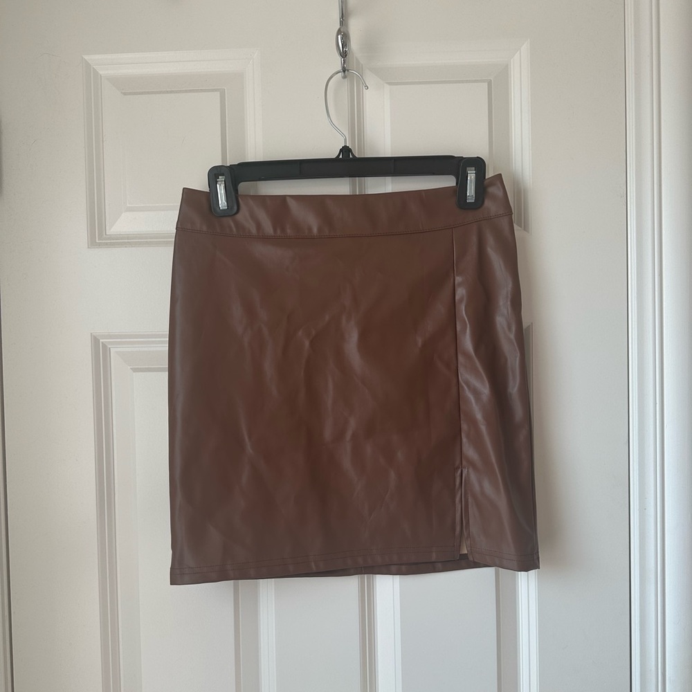 Brown Pleather Miniskirt With Small Slit